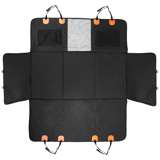 Full layout of senior dog car seat hammock with side panels and mesh screen