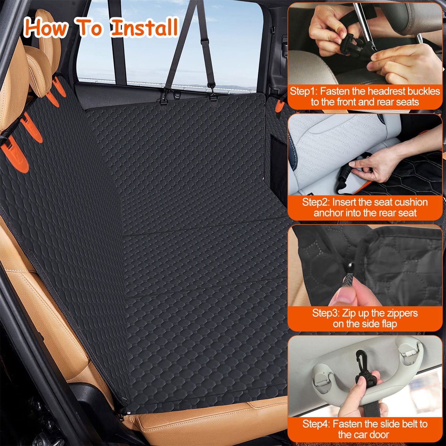 Step-by-step installation guide for senior dog car seat hammock with headrest buckles, seat anchors, zippers, and slide belts