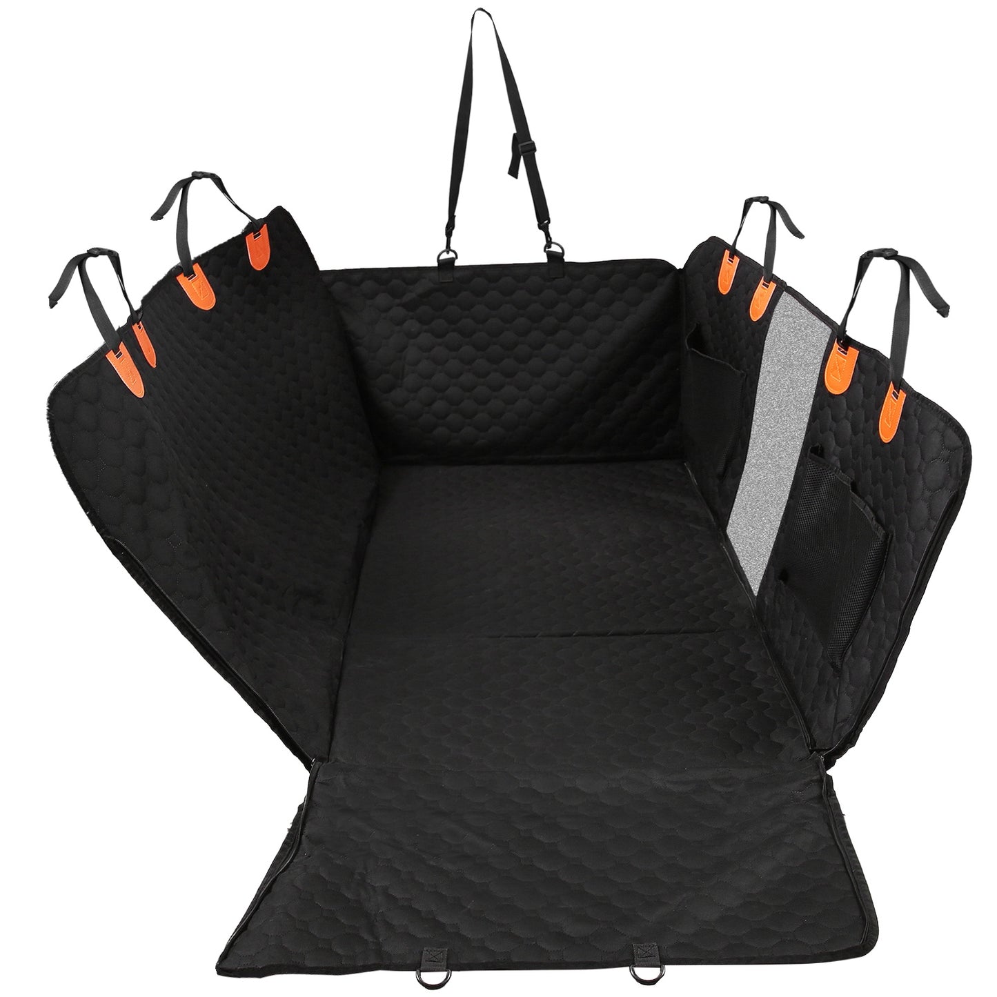 Angled view of installed waterproof dog car seat hammock with storage pockets