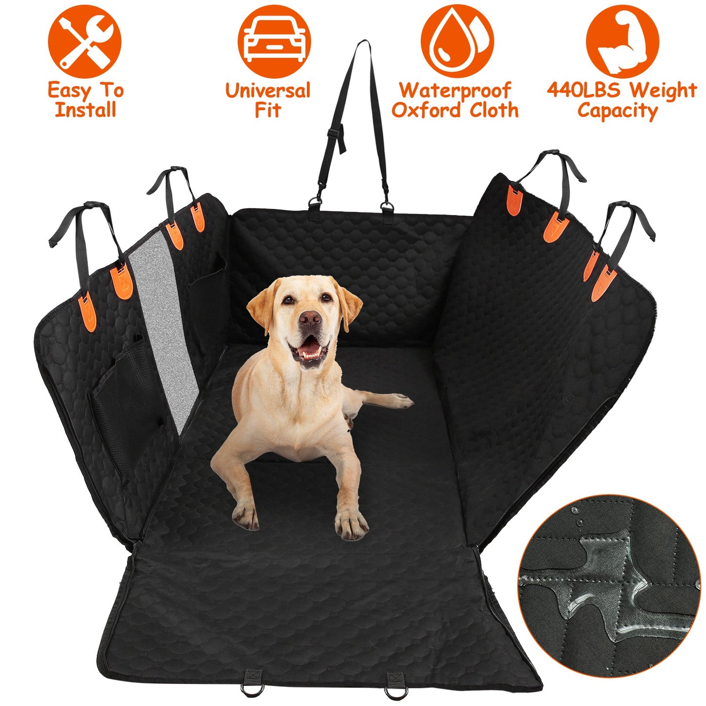 Senior Labrador on car seat hammock with safety icons for installation, fit, and waterproof design