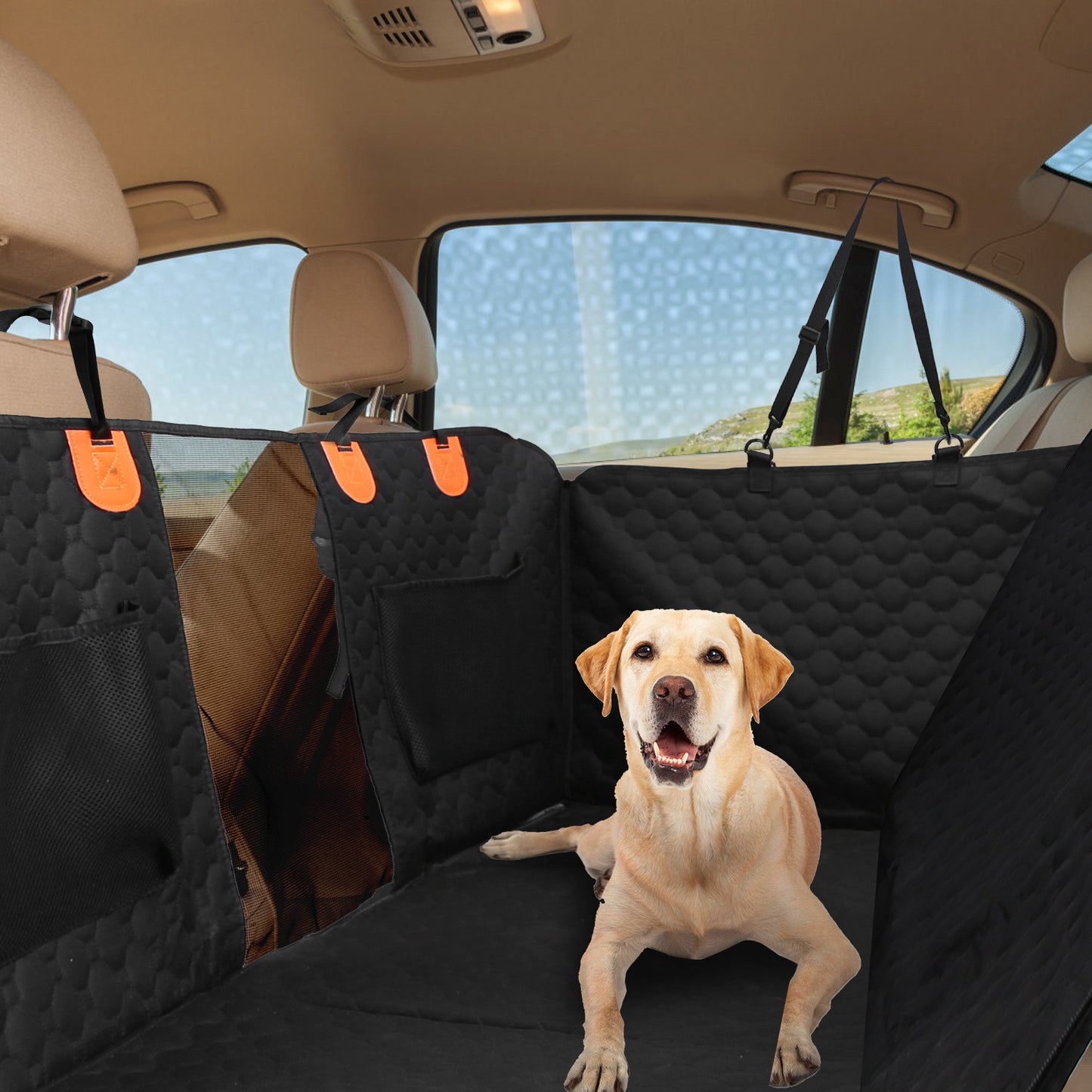 Senior Labrador lying on waterproof non-slip car seat hammock with mesh window