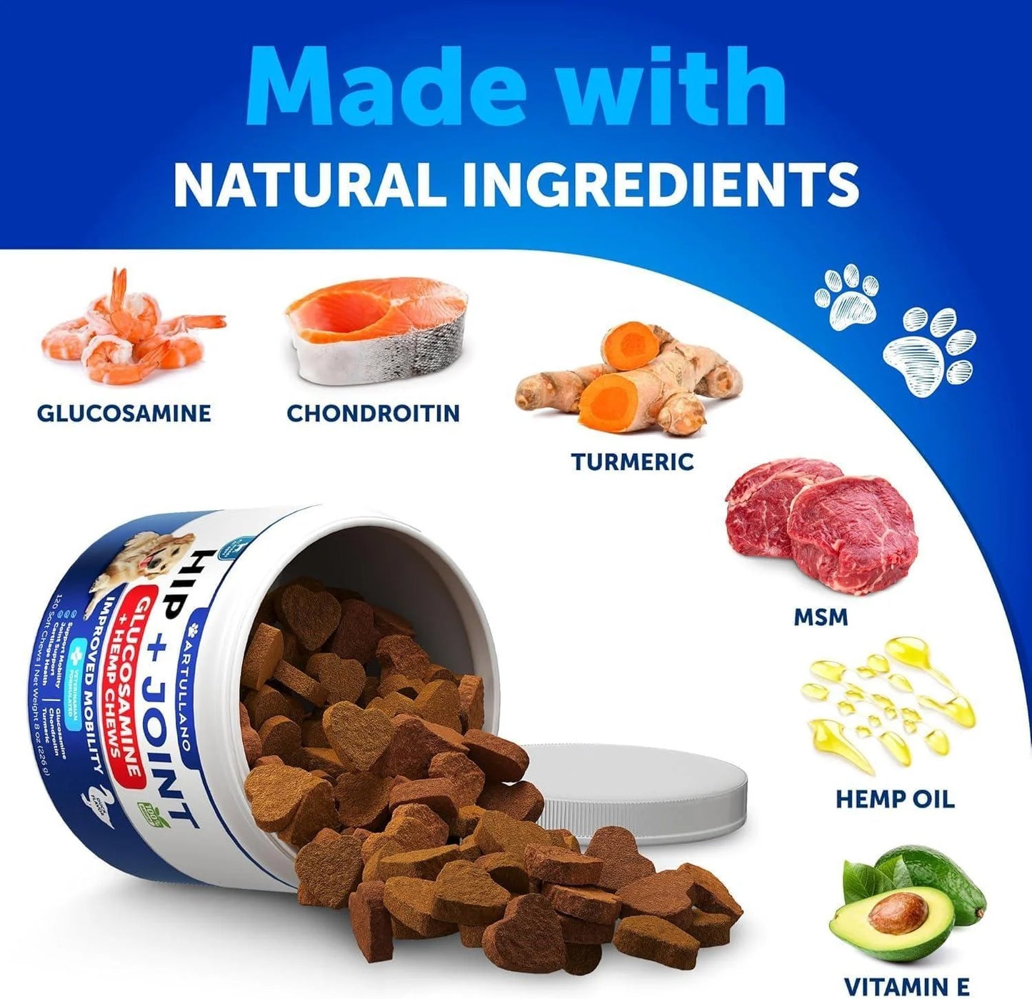 Senior dog hip and joint chews with natural ingredients like glucosamine, chondroitin, turmeric, MSM, hemp oil, and vitamin E