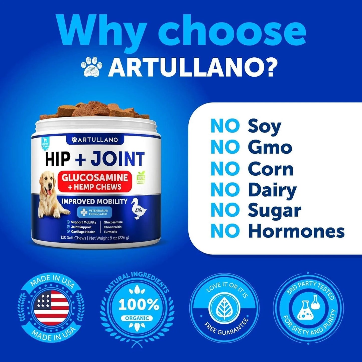 Hip and joint glucosamine chews for dogs showing no soy, GMO, corn, dairy, sugar, or hormones