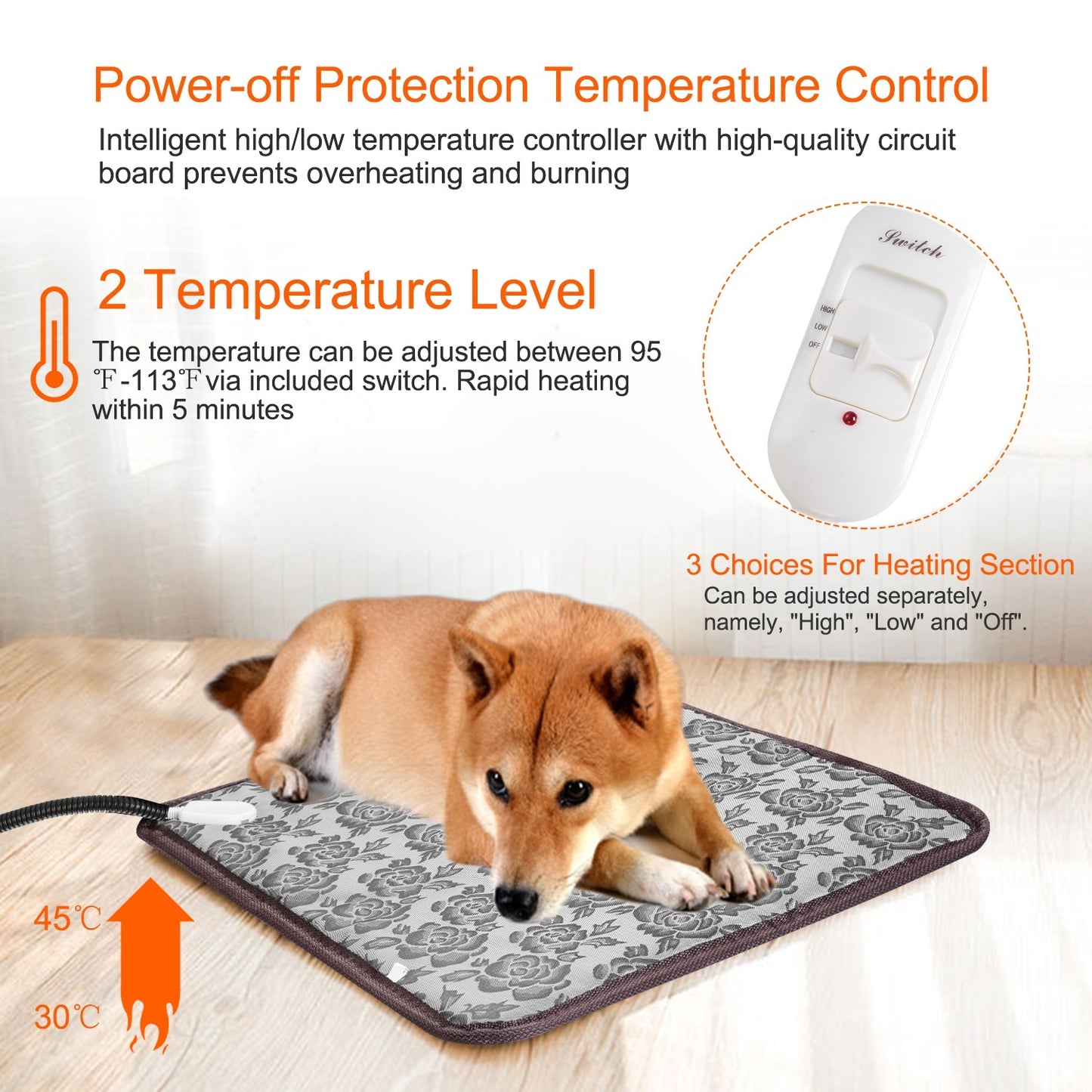 Electric pet heating mat with two temperature levels and power-off protection