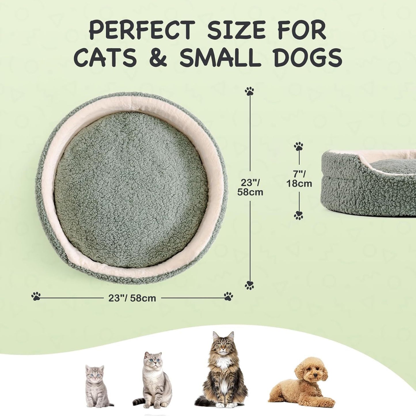 23x23x7 inch round cat bed with size guide for small dogs and cats
