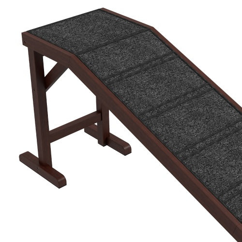 Top platform and sturdy pine frame of wooden dog ramp in brown finish