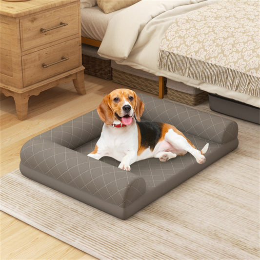 Beagle resting on orthopedic dog bed with soft polyester surface and non-slip bottom