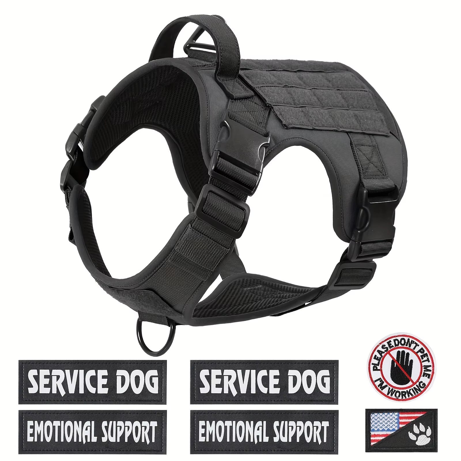 Black reflective dog harness with padded handle and dual leash attachment points