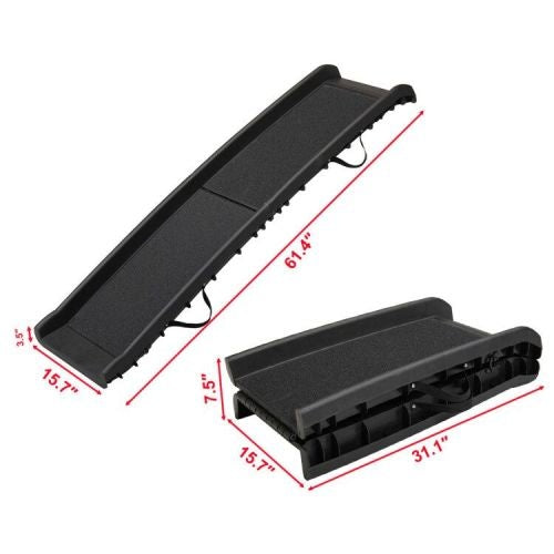 Foldable dog car ramp with dimensions 61.4 x 15.7 inches unfolded and 31.1 x 15.7 inches folded