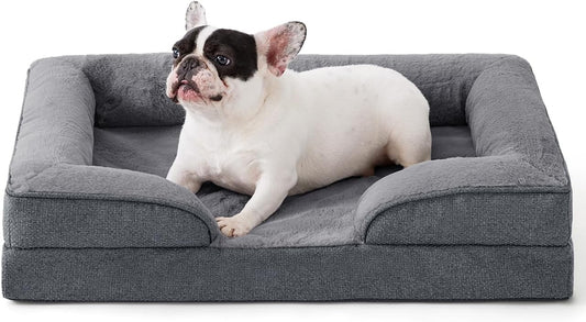 French bulldog relaxing on orthopedic dog sofa bed with foam support