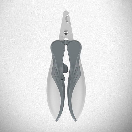 Gray pet nail clippers with stainless-steel blades and ergonomic anti-slip grip