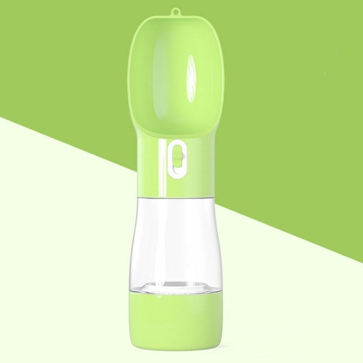 Green portable senior dog travel water and food bottle with one-hand use spout