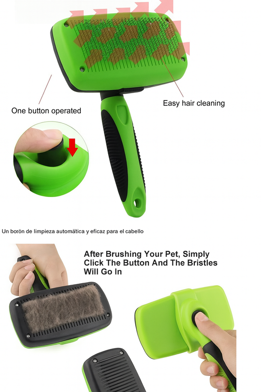 Green self-cleaning pet grooming brush with retractable bristles, showing one-button operation and easy hair removal after brushing.