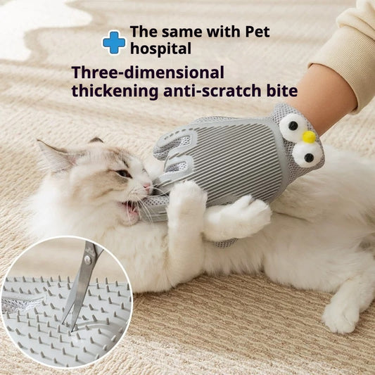 Cat playfully biting grooming glove showing thick anti-scratch design