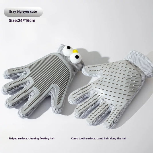 Green and gray pet grooming gloves shown with double-sided textures