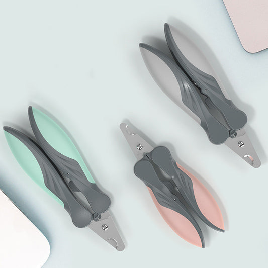 Pet nail clippers in mint, gray and pink with stainless-steel blades and non-slip ergonomic handles