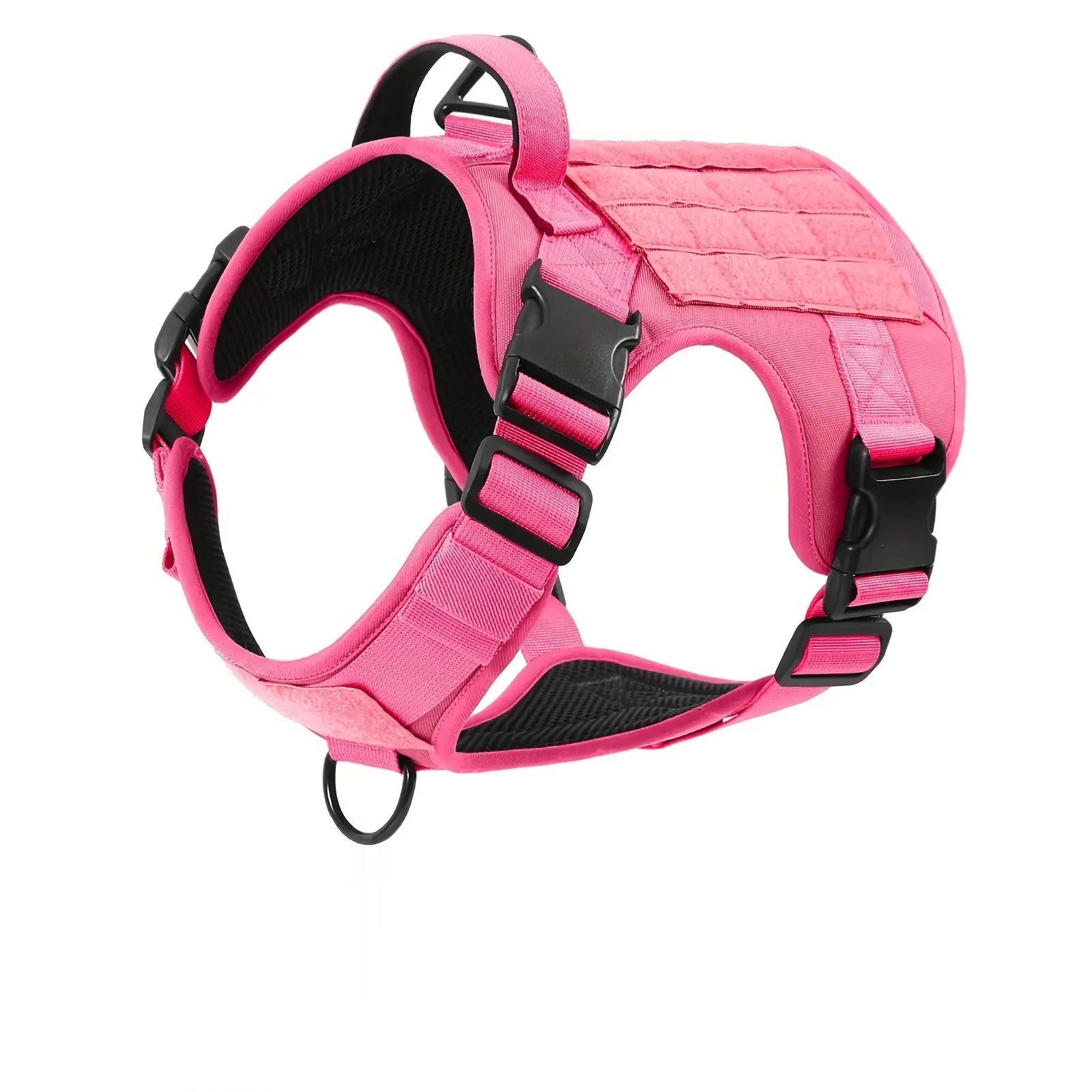 Pink breathable dog harness with padded top handle and adjustable straps.