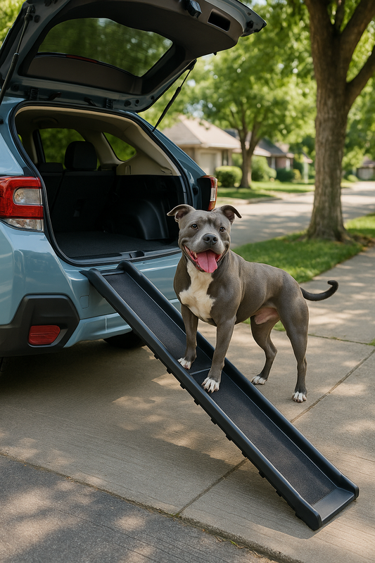 Dog using a pet ramp to enter a car in a suburban setting