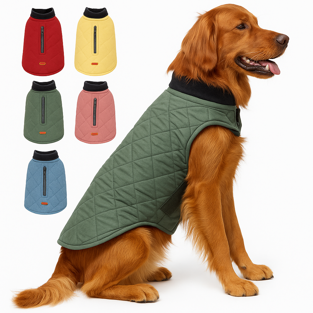 Senior dog wearing water-resistant quilted dog coat (green) 