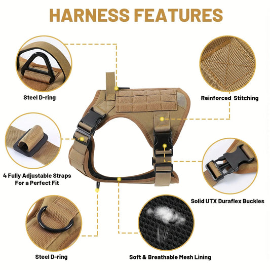 No-pull dog harness features—steel D-rings, breathable mesh lining, reinforced stitching, four adjustment points