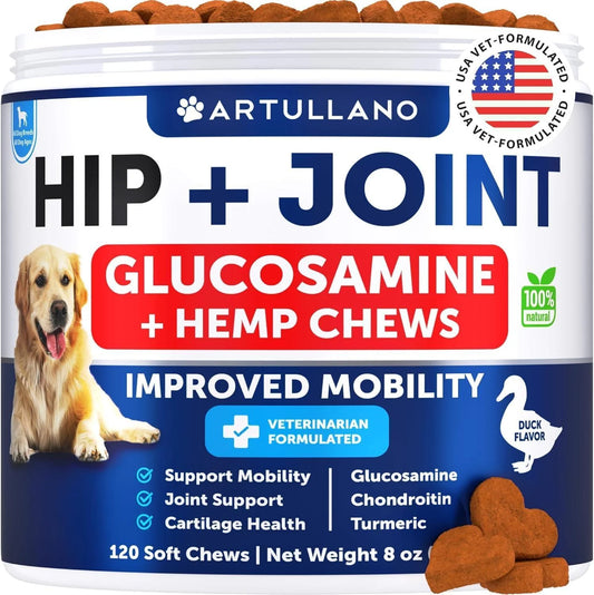 Senior dog glucosamine hip and joint soft chews in container with improved mobility label