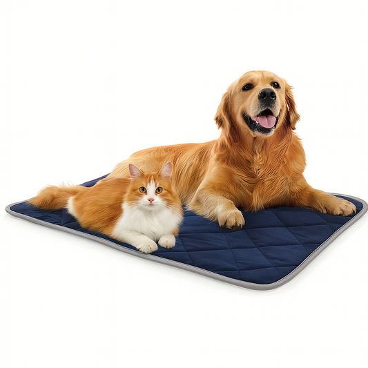 Golden Retriever and cat lying comfortably on self-heating pet pad for senior dogs and cats