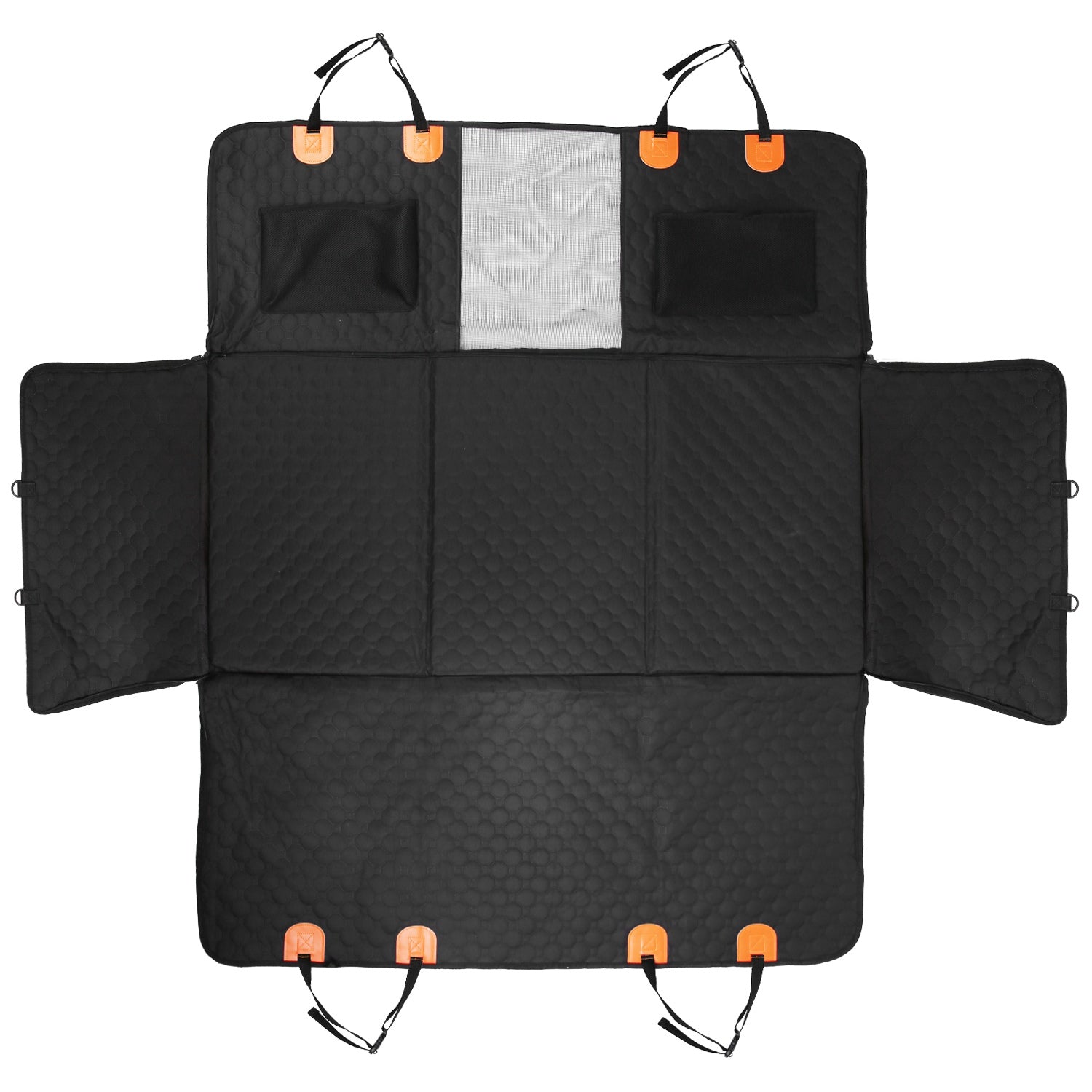 Full layout of senior dog car seat hammock with side panels and mesh screen
