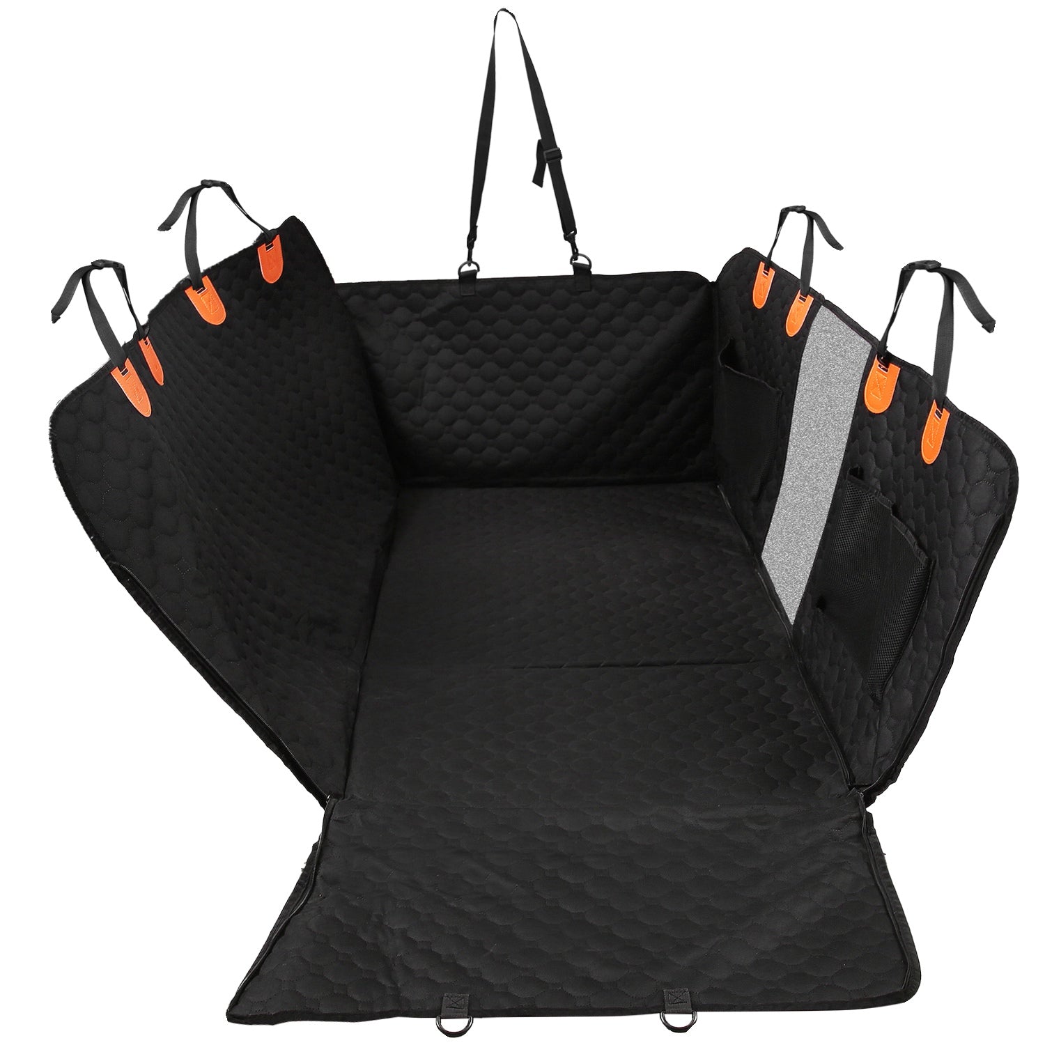 Angled view of installed waterproof dog car seat hammock with storage pockets