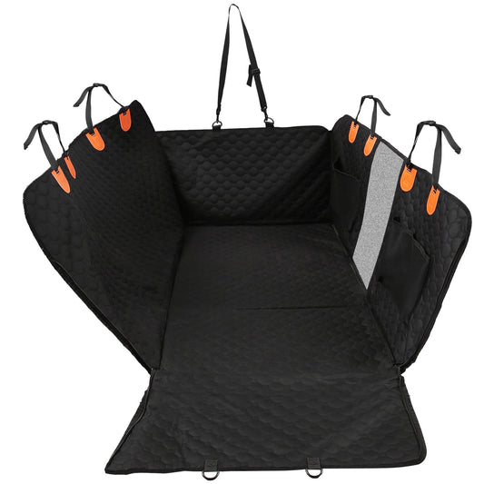 Angled view of installed waterproof dog car seat hammock with storage pockets
